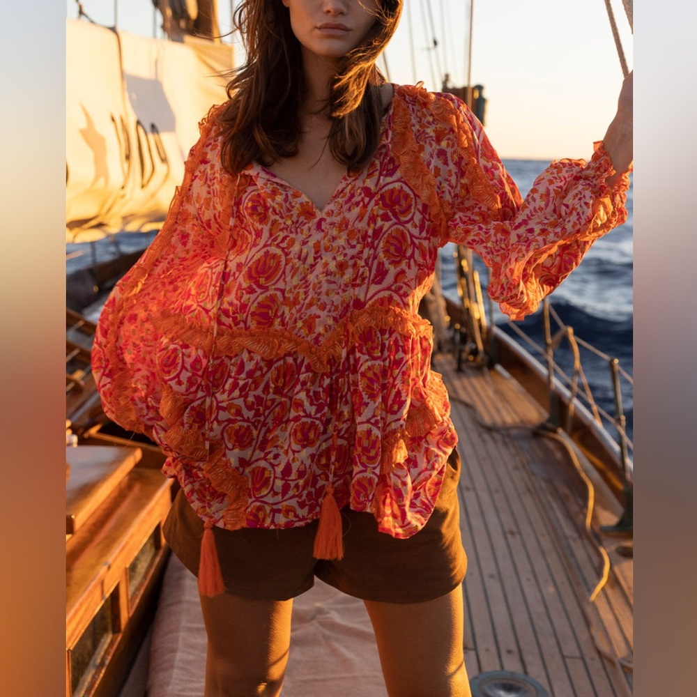 Miss June Paris Myko Floral Long Sleeve Blouse Pink Orange Lurex Boho One Size